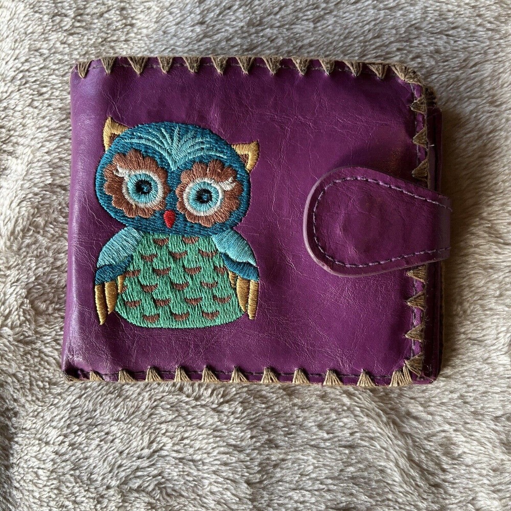 Lavishy Purple Owl & Mushrooms Embroidered Medium Wallet